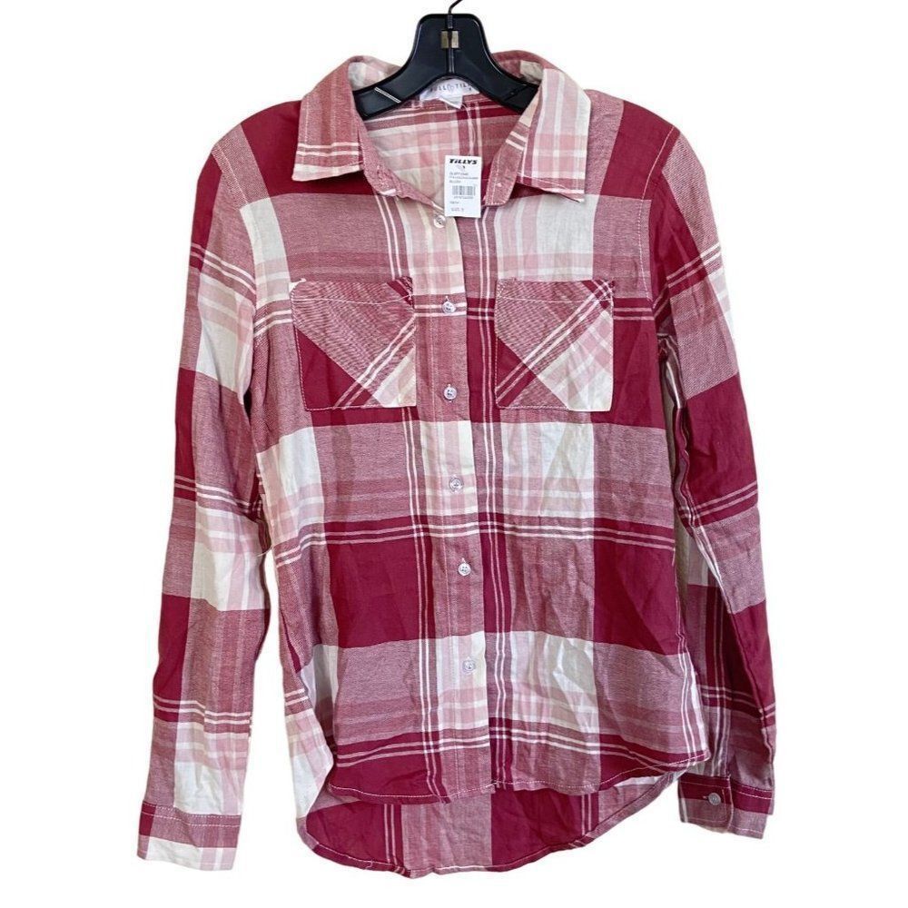 NWT Full Tilt SM Womens Flannel Long Sleeve Button-Up Shirt SM Barbie Pink Red